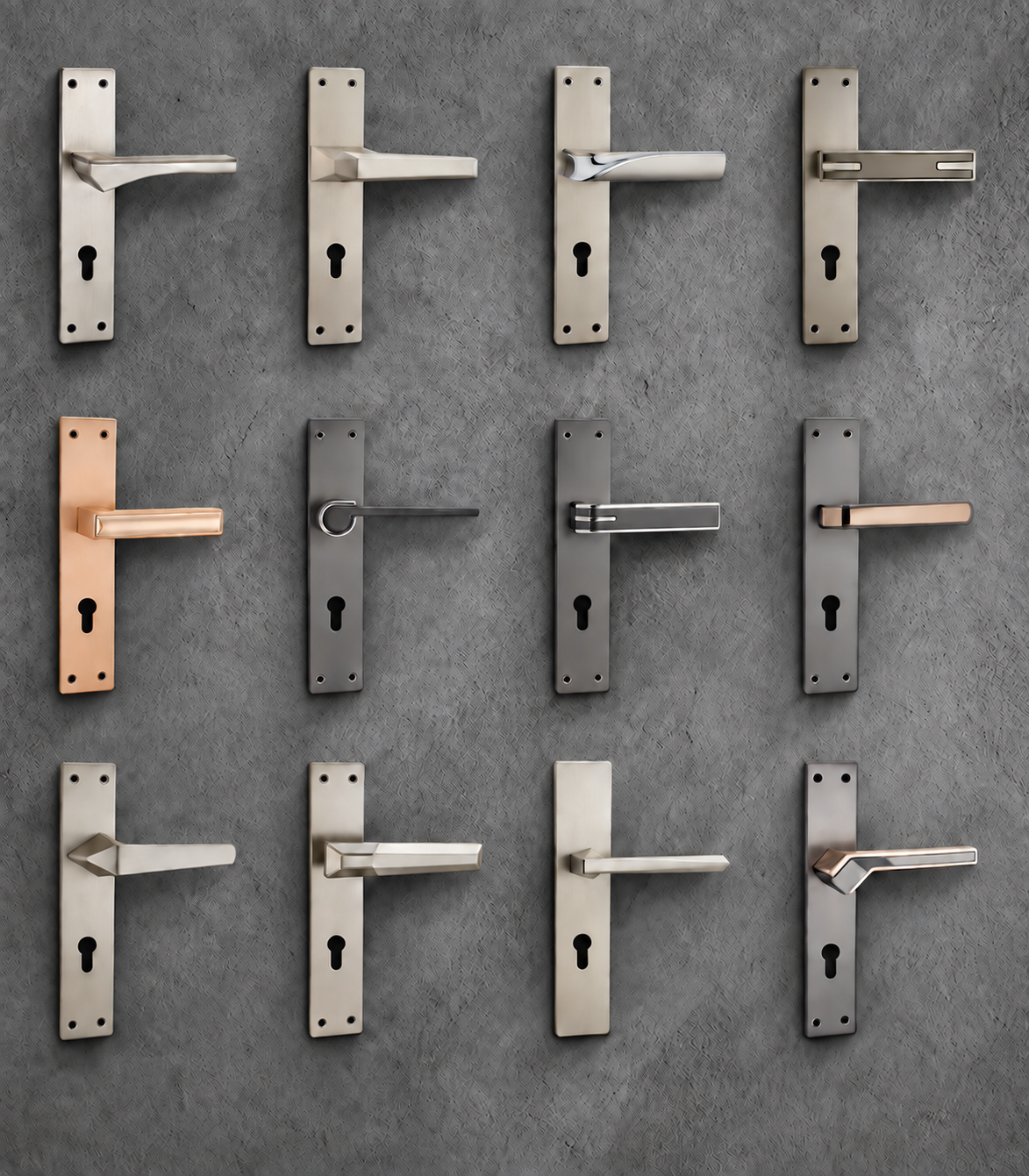 Twelve lever handle designs on long backplates in a range of finishes