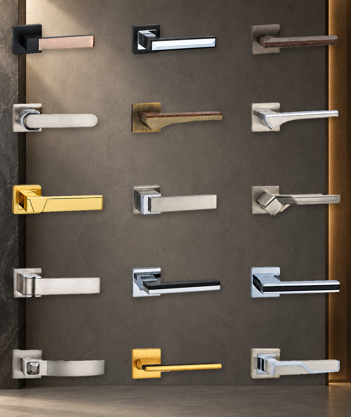 Collection of door lever handles in a range of styles and finishes