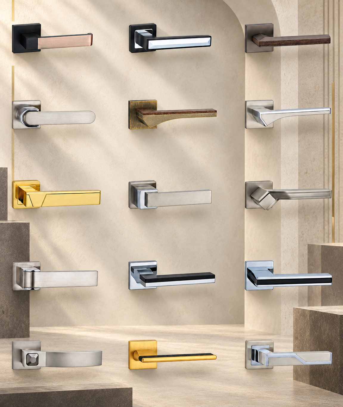 Collection of modern door lever handles in multiple finishes