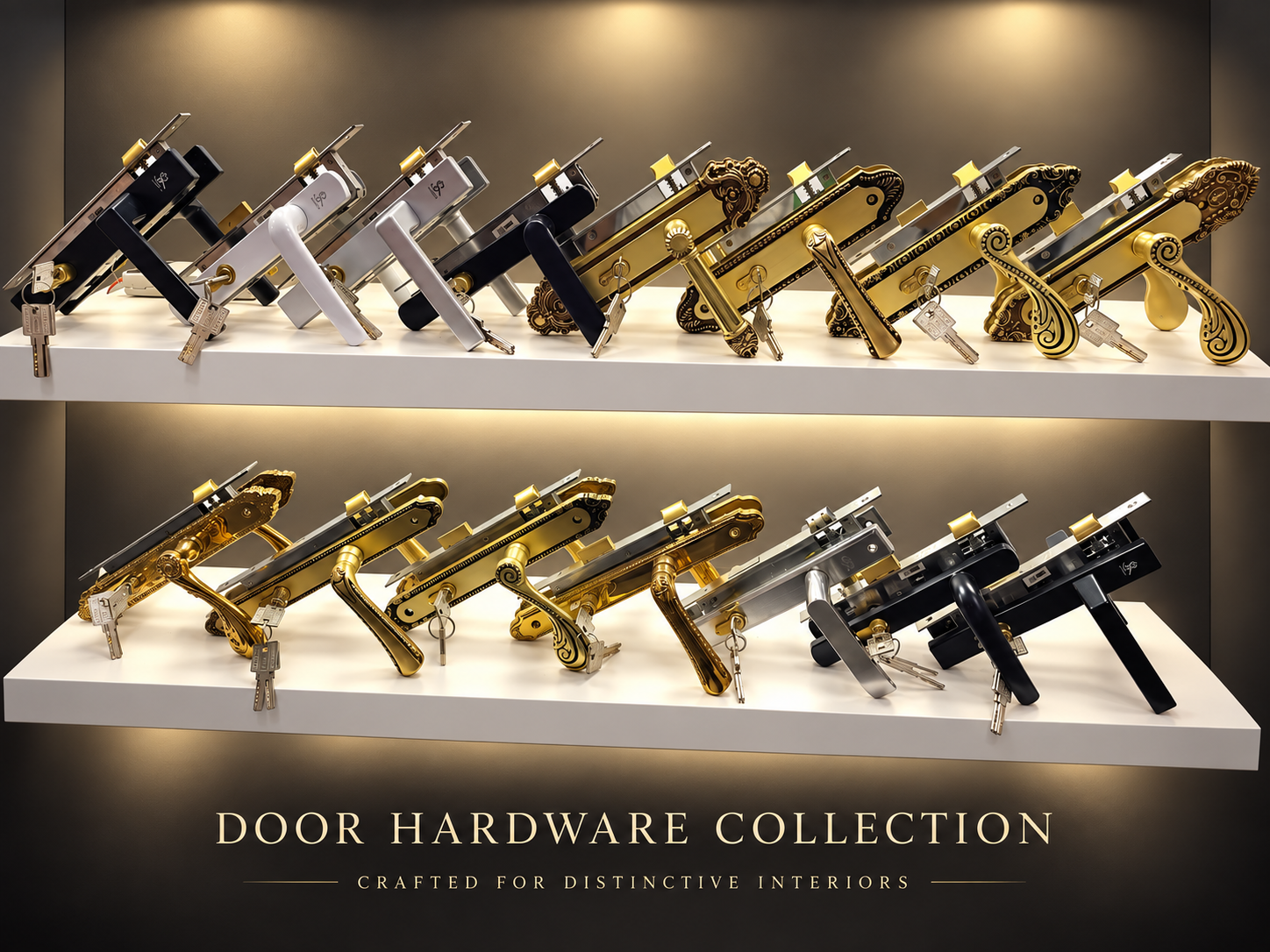 Door lock sets displayed in modern and classic finishes