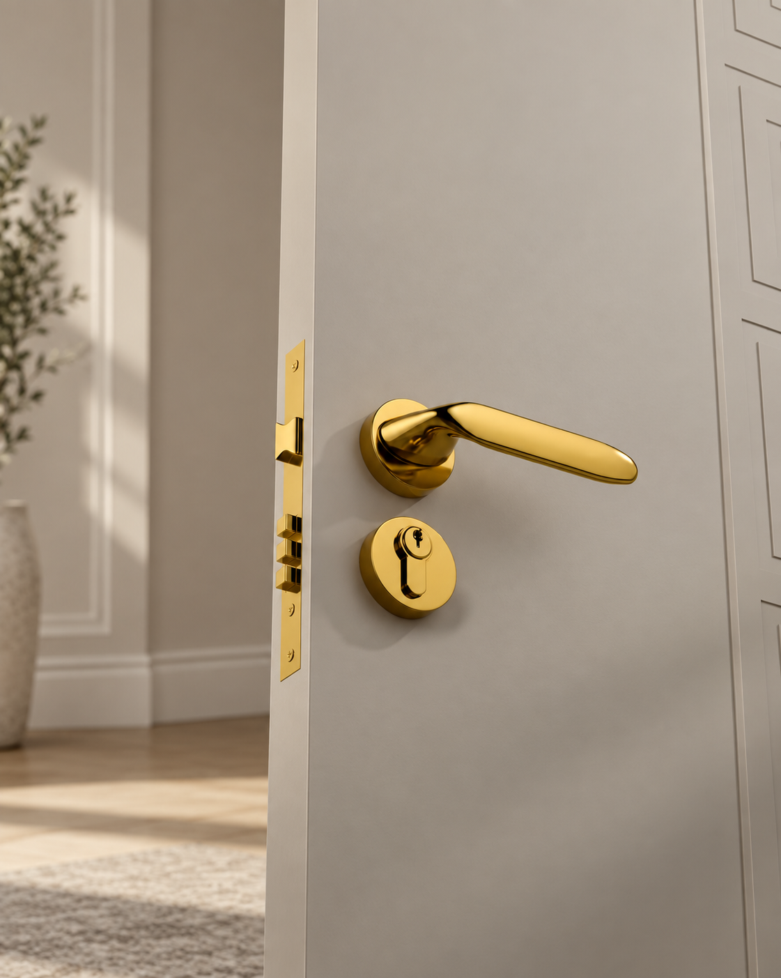 Gold lever handle on round roses, installed on a light-coloured door with matching cylinder and lock