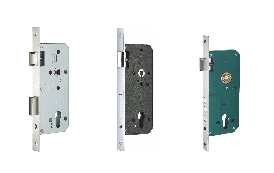 Three mortise lock bodies with silver, black and green cases