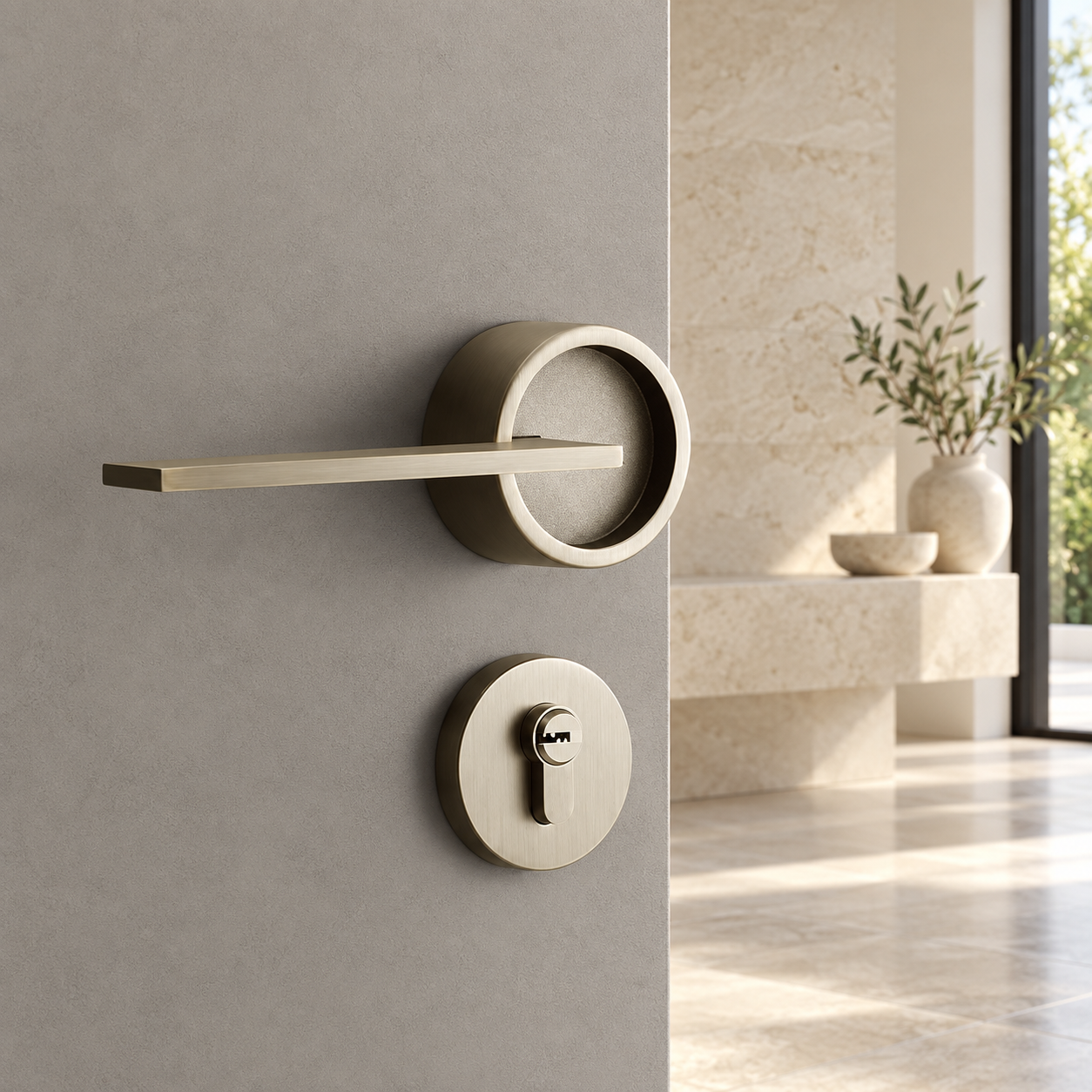 Slim lever handle on an open circular rosette with a matching key escutcheon